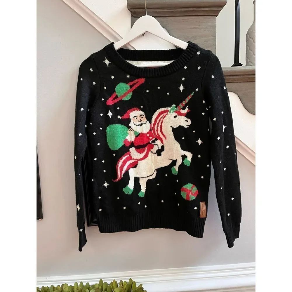 Tipsy Elves Santa Riding A Unicorn Black Acrylic Christmas Sweater sz S